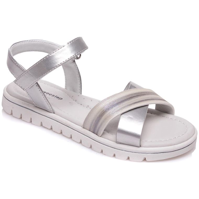 Sandały dziewczęce, srebrne, skórzana wkładka, Weestep