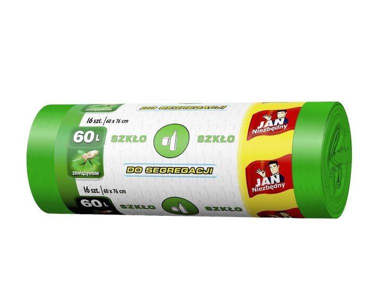 Sarantis Jan Niezbędny, worki do segregacji śmieci, zielone, szkło, 60l, 16 szt.