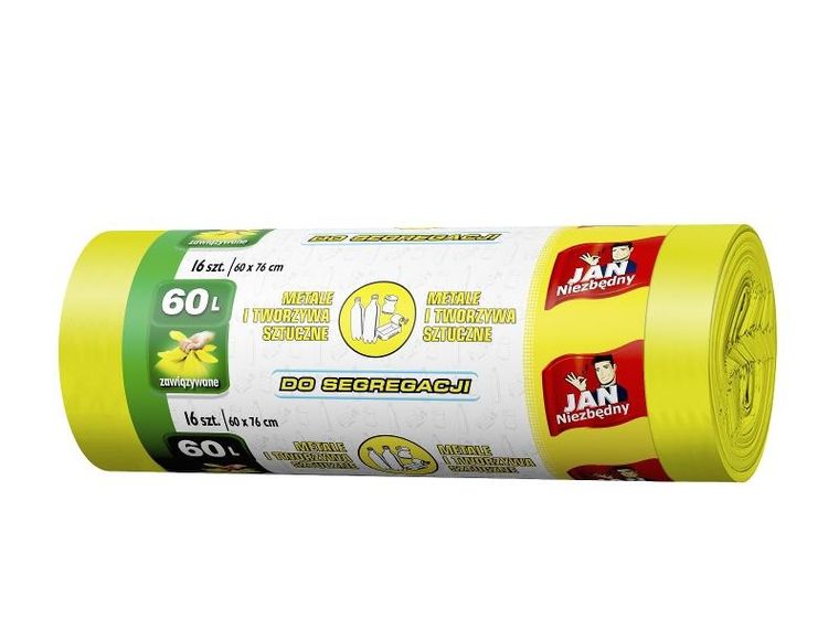 Sarantis Jan Niezbędny, worki do segregacji śmieci, żółte, metale i tworzywa sztuczne, 60l, 16 szt.