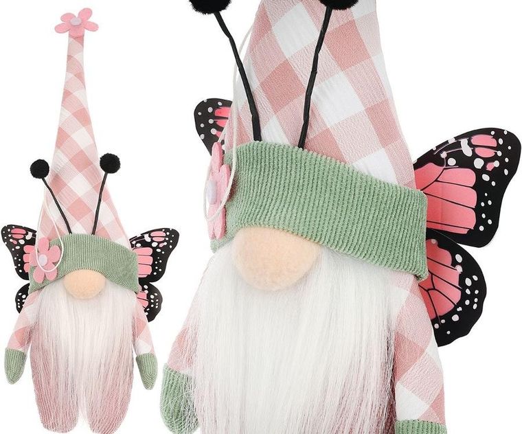 Saska Garden, dekoracja wiosenna, skrzat gnom, motyl, różowy, 25 cm