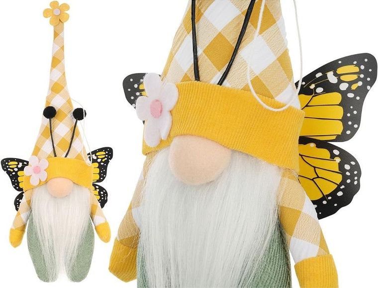 Saska Garden, dekoracja wiosenna, skrzat gnom, motyl, żółty, 25 cm