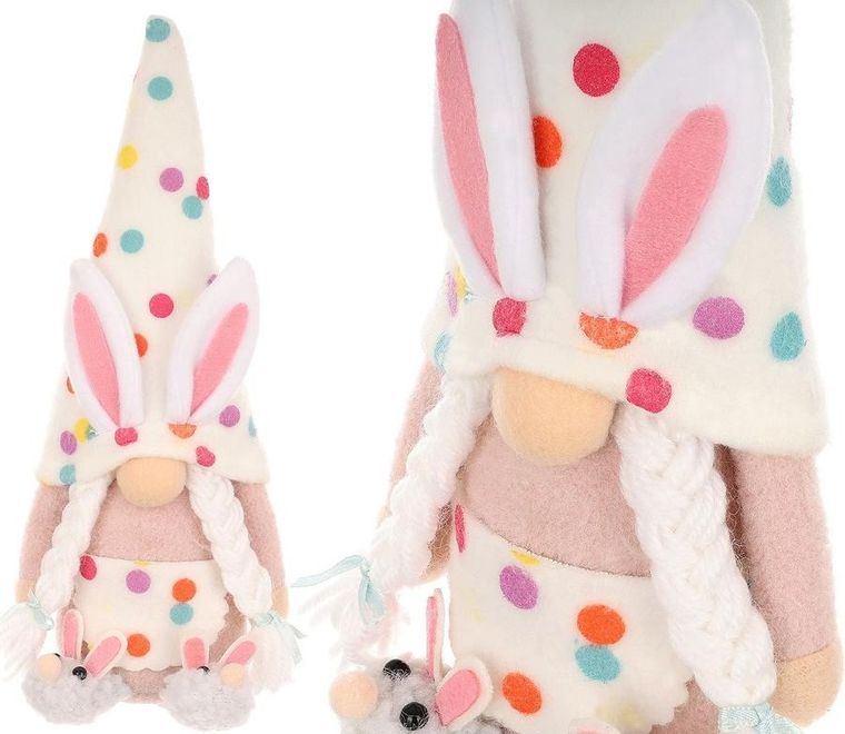 Saska Garden, dekoracja wiosenna, skrzat gnom, zajączek w groszki, 25 cm