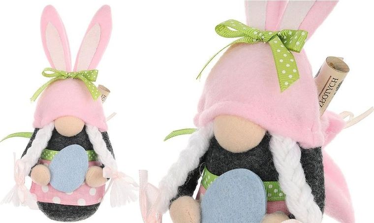 Saska Garden, dekoracja wiosenna, skrzat gnom, zajączek, z workiem na prezent, różowy, 20 cm