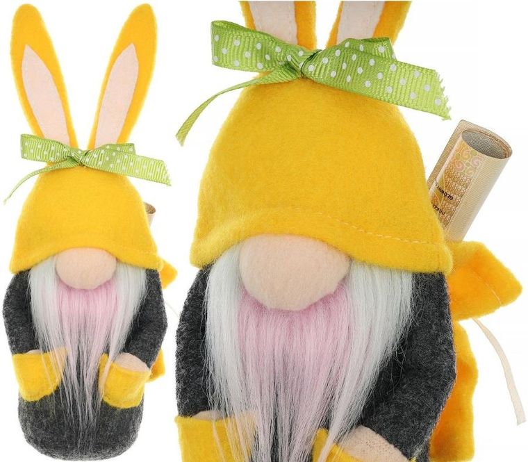 Saska Garden, dekoracja wiosenna, skrzat gnom, zajączek, z workiem na prezent, żółty, 20 cm
