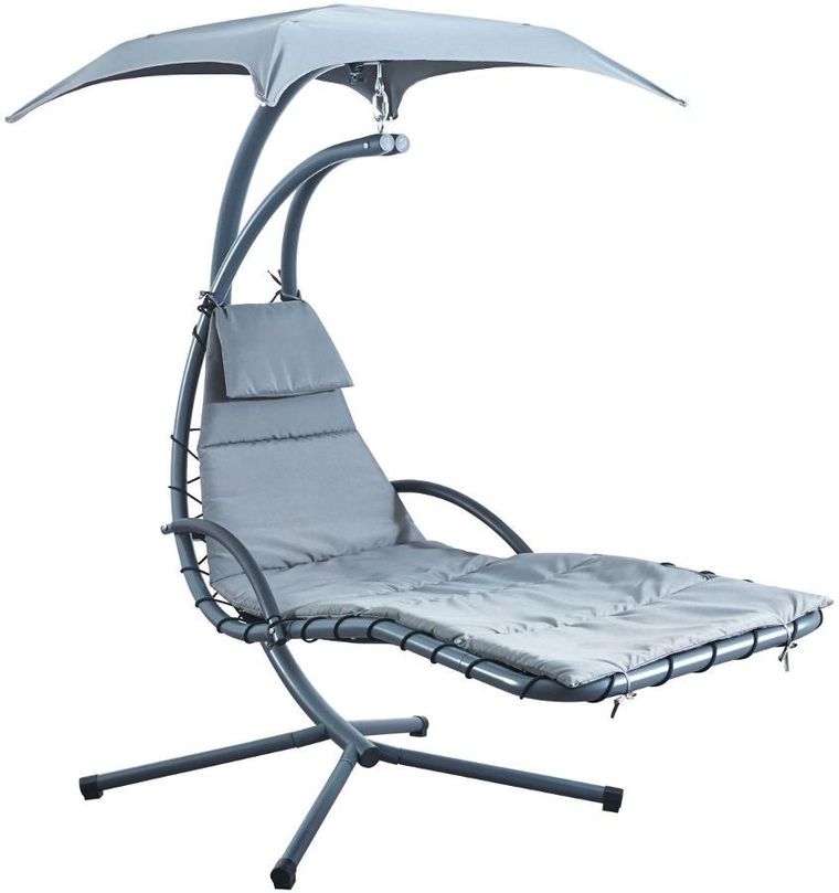 Saska garden, Lizbona, fotel bujany z parasolem, huśtawka, ciemno szara