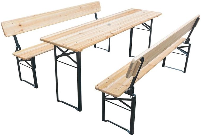 Saska Garden, zestaw piknikowy, drewniany stół i 2 ławki ze składanym oparciem