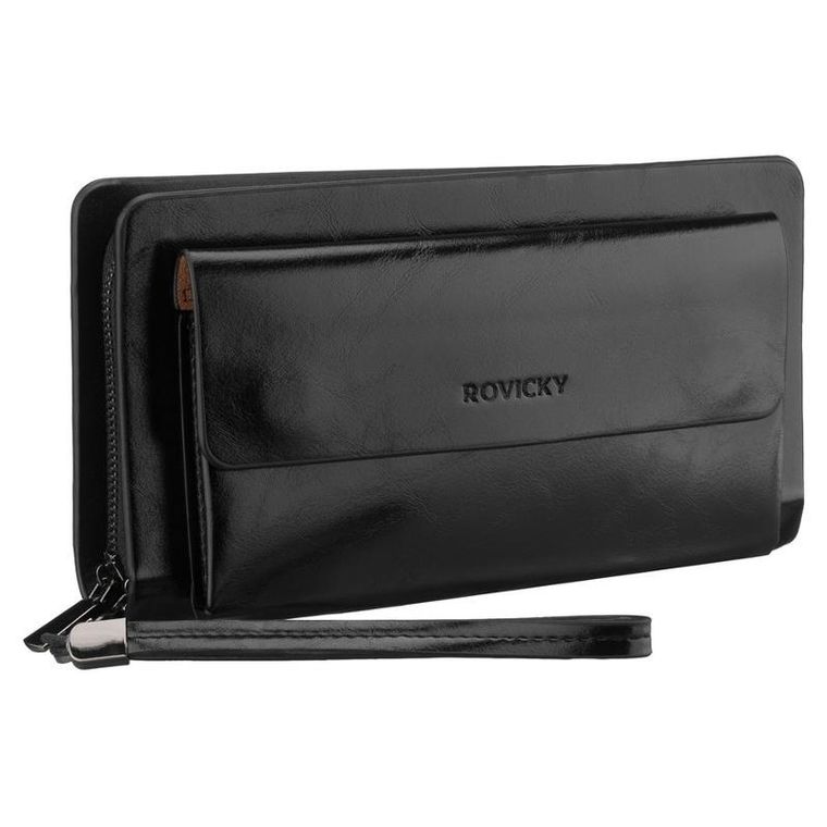 Saszetka do ręki, czarna, skóra ekologiczna, Rovicky