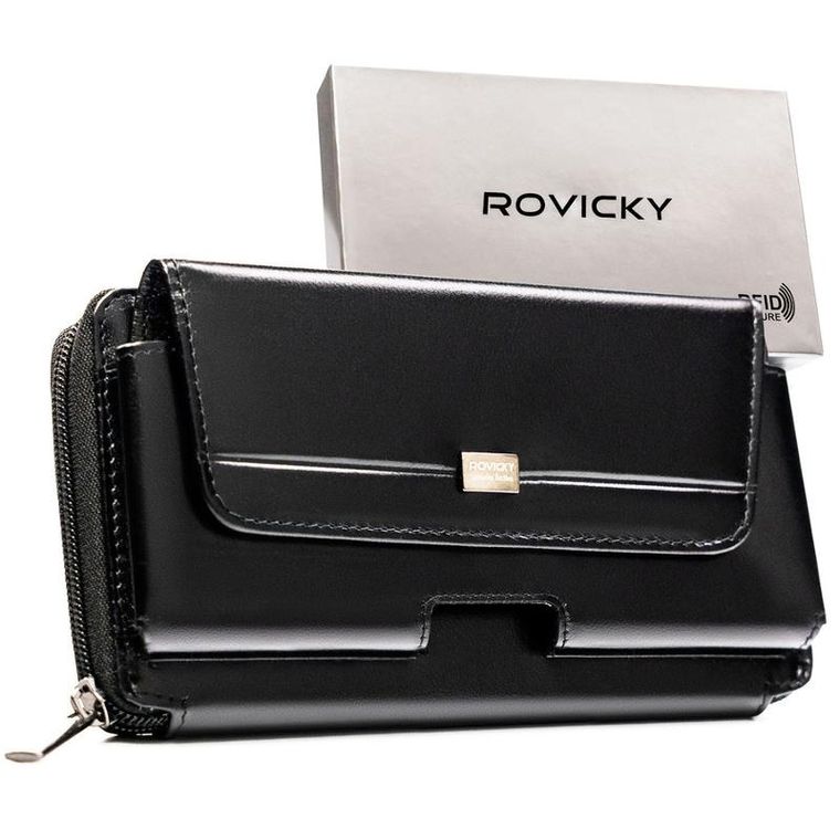 Saszetka na biodro, czarna, skórzana, RFID, Rovicky