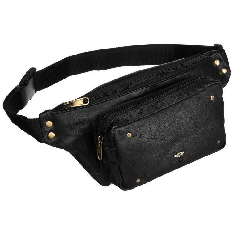 Saszetka na biodro, nerka, czarna, skórzana, Peterson