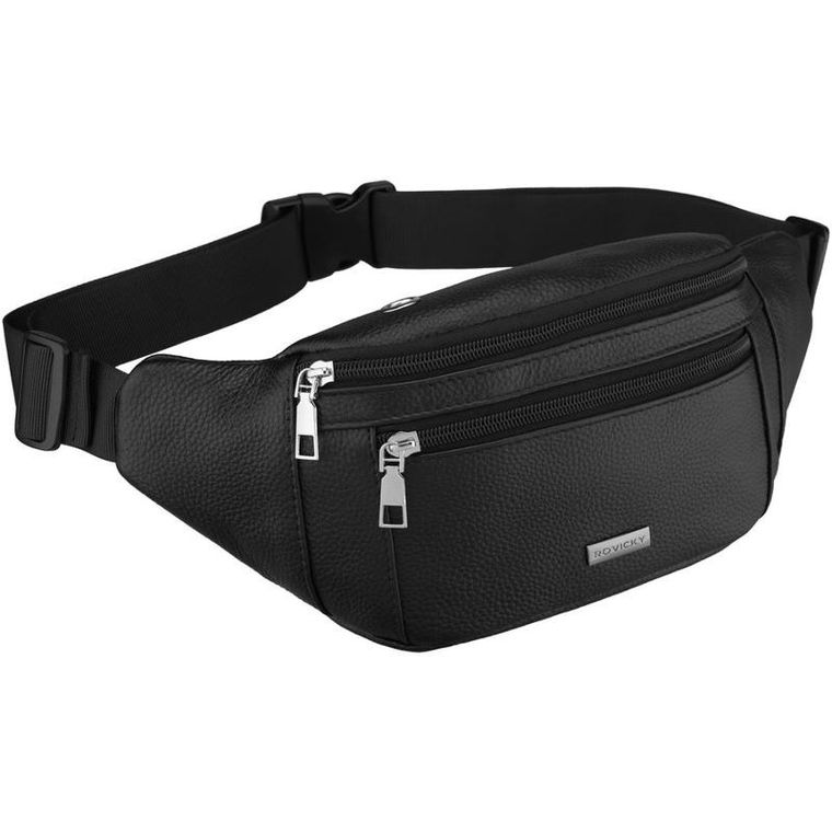 Saszetka na biodro, nerka, czarna, skórzana, Rovicky