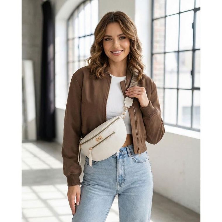 Saszetka na biodro, nerka, jasnobeżowa, skóra ekologiczna, Peterson