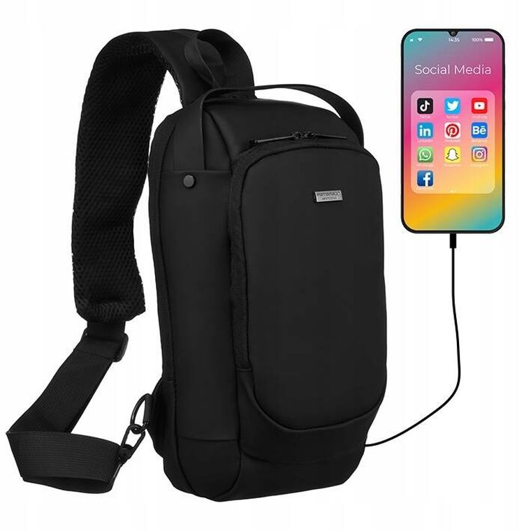 Saszetka na biodro, nerka, USB, czarna, Peterson