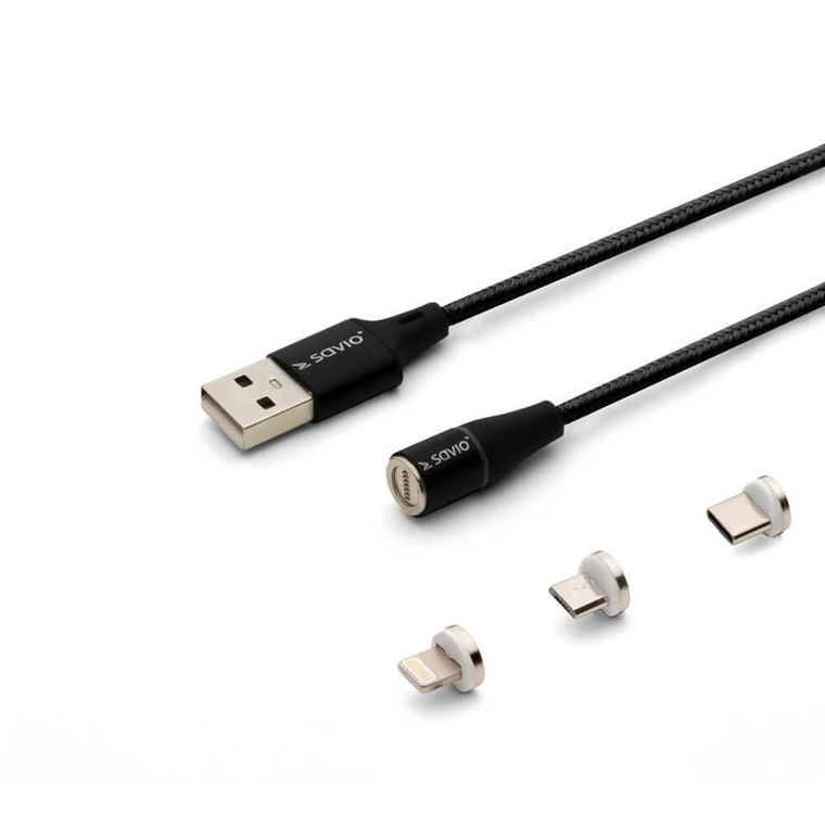 Savio, kabel magnetyczny USB - USB Typ C, Micro I Lightning, 2m, czarny