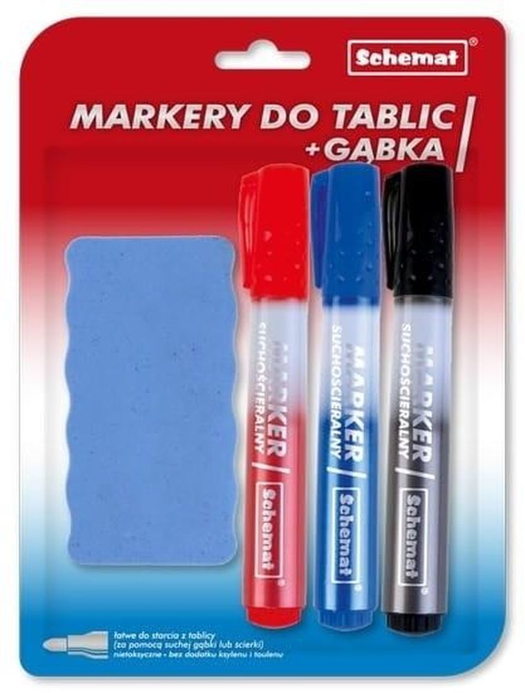 Schemat, markery suchościeralne do tablic + gąbka, 3 szt.