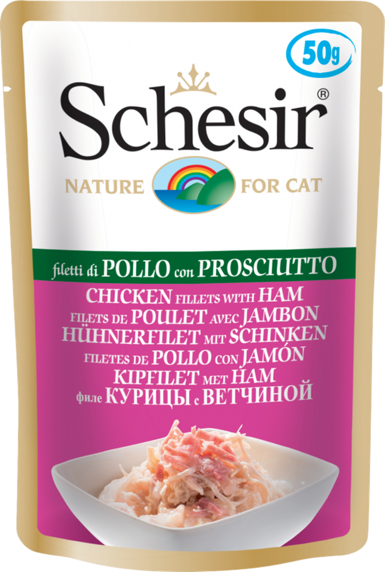 Schesir, karma dla kotów, kurczak z szynką, 50 g