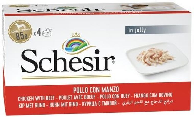 Schesir, karma dla psów, filety z kurczaka z wołowiną, 4-85g