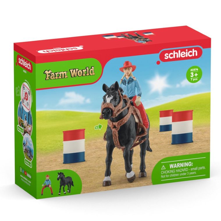 Schleich, Farm World, Kowbojka i wyścig wokół beczki, zestaw, 42576