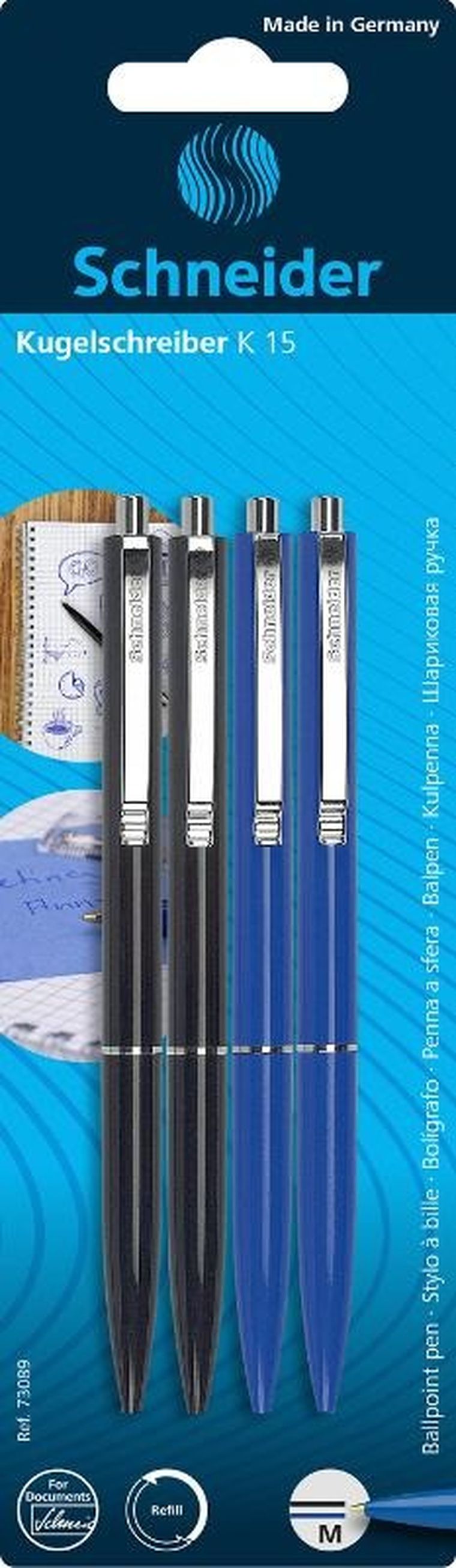 Schneider, K15, długopisy automatyczne, czarny i niebieski, 4 szt.