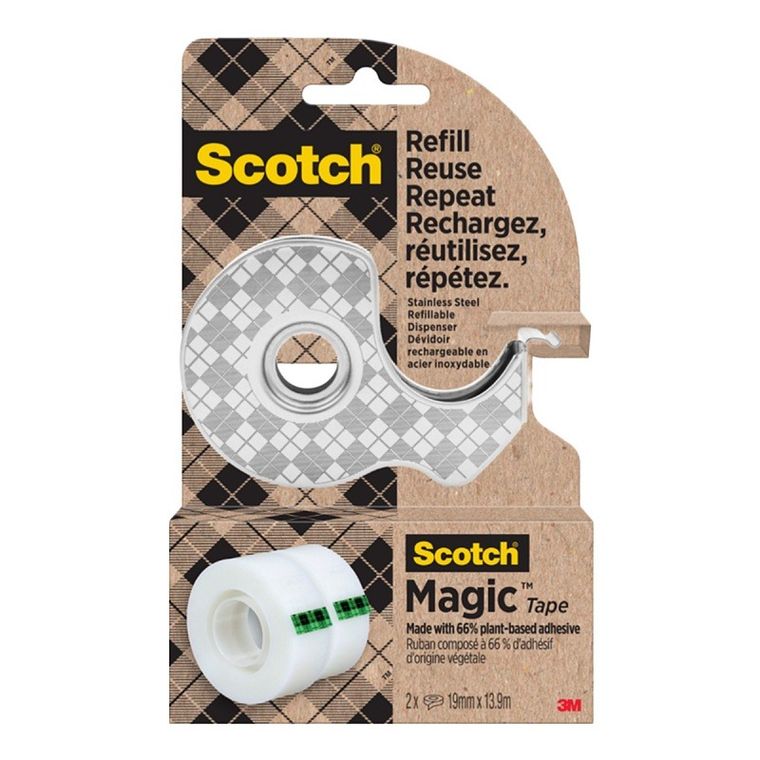 Scotch, dyspenser do taśmy ze stali nierdzewnej z taśmą magic, srebrny, 19mmx13,9m