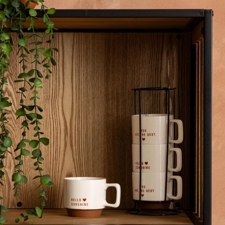 Secret de Gourmet, zestaw 4 porcelanowych kubków, hello, na metalowym stojaku, 4-300 ml