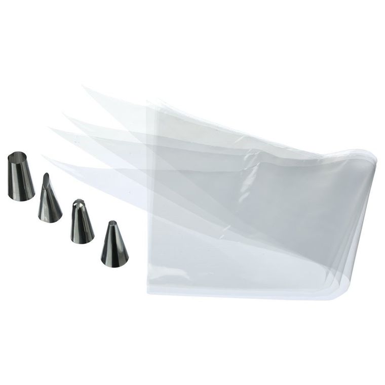 Secret de Gourmet, zestaw tylek do dekoracji ciastek: 4 końcówki i 20 jednorazowych woreczków