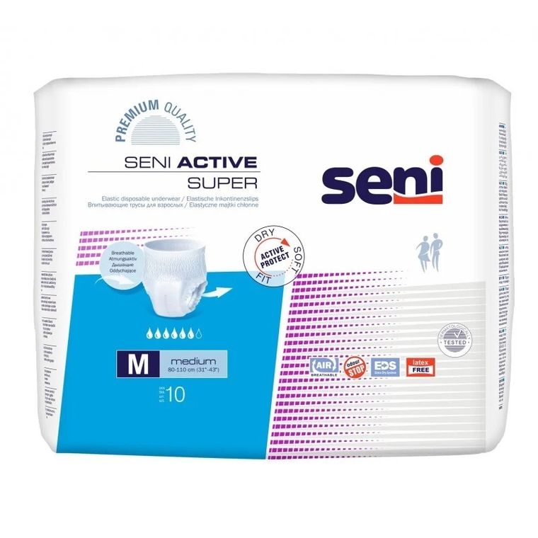 Seni, active super medium, majtki chłonne, niebieskie, 10 szt.