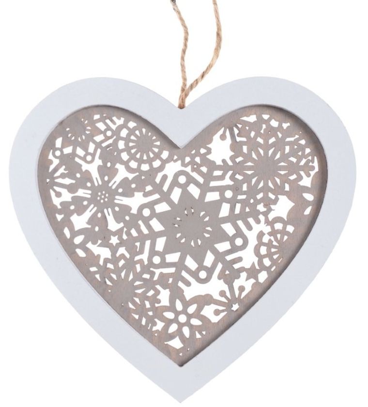 Serce ażurowe, zawieszka, drewniana, biało-beżowa