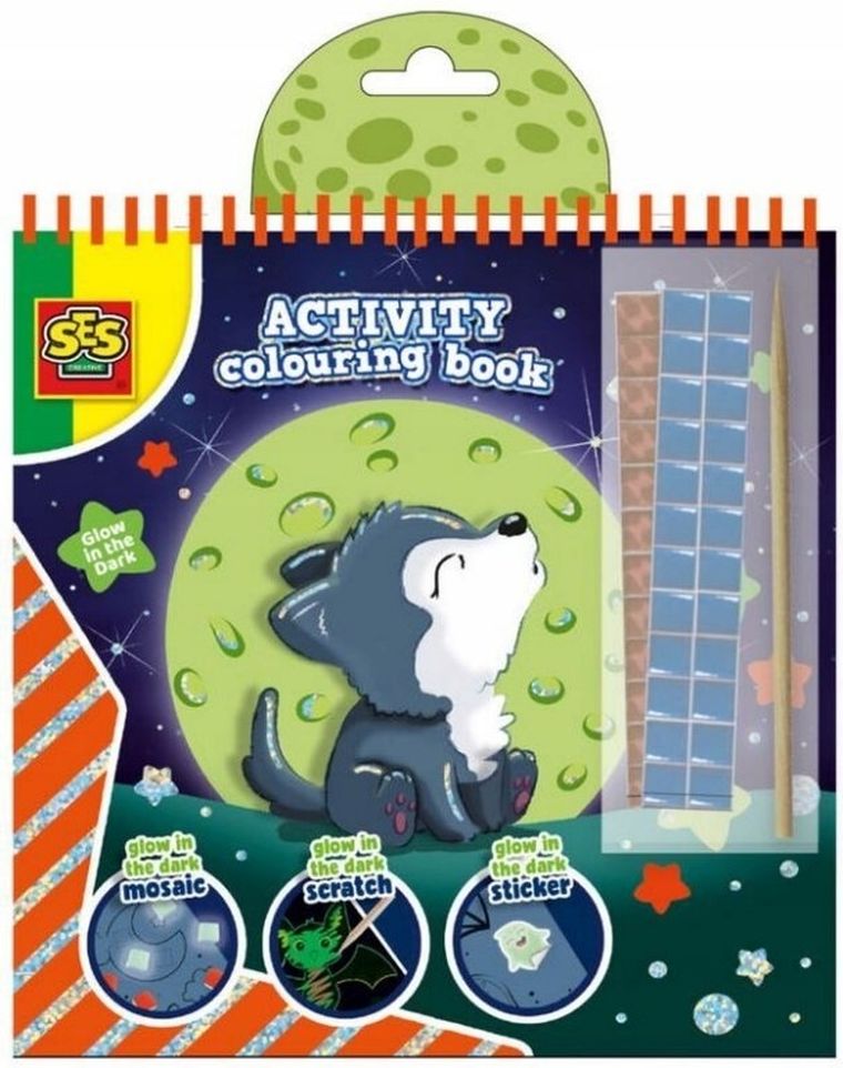 SES Creative, kolorowanka z naklejkami, świecąca w ciemności, 3w1, wilk