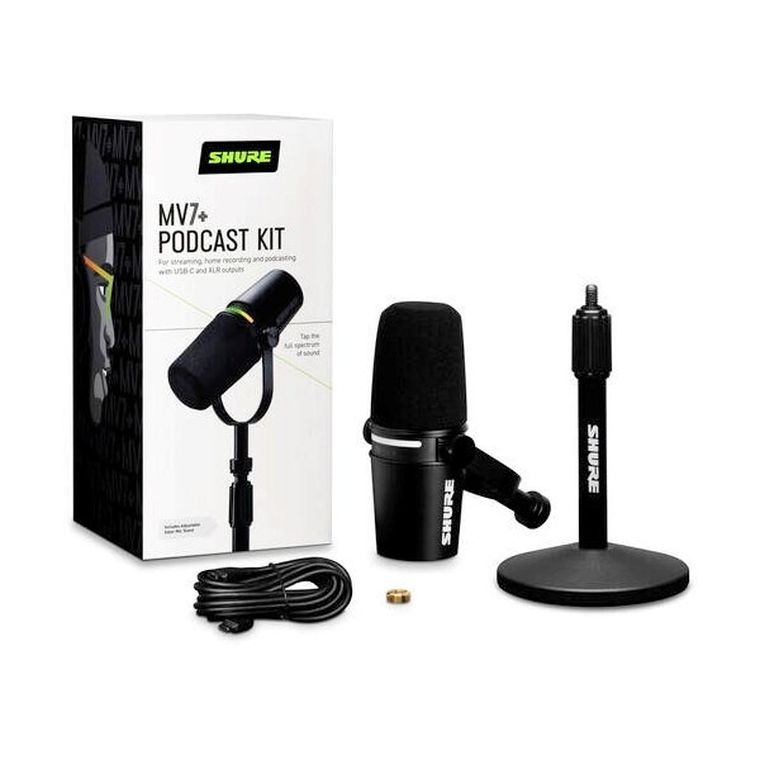 Shure, MV7+-K-BNDL, mikrofon lektorski, wokalny ze złączem XLR/USB-C, czarny + Gator, statyw biurkowy