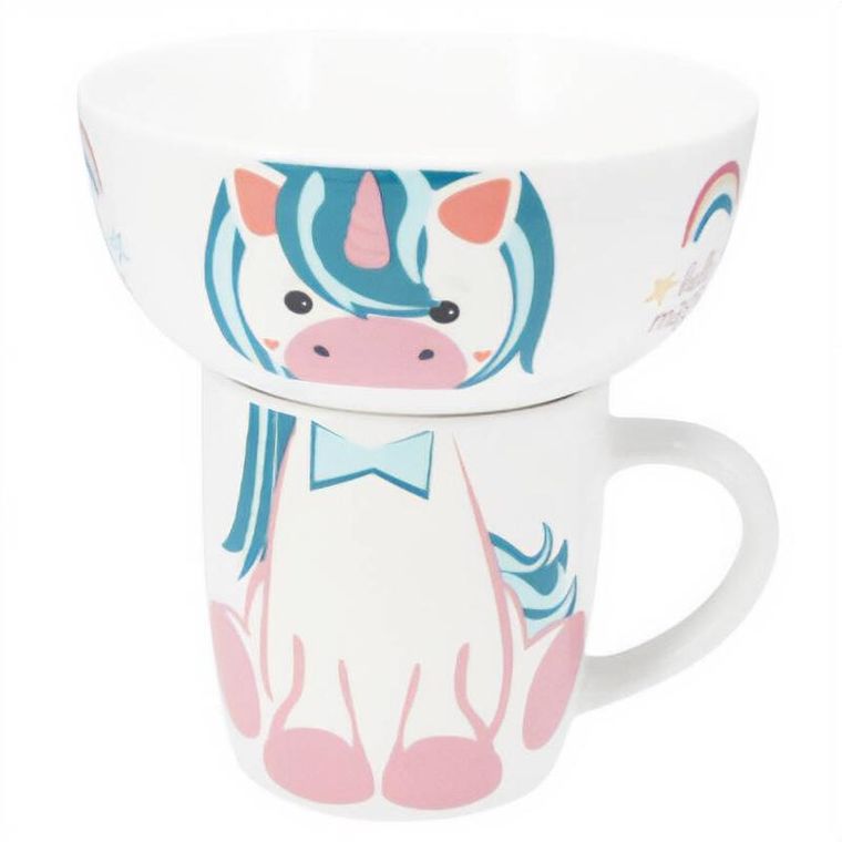 Siaki, miska i kubek z porcelany, jednorożec, 600 ml + 360 ml