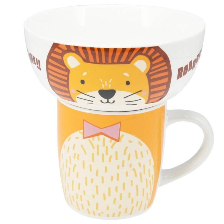 Siaki, miska i kubek z porcelany, lew, 600 ml + 360 ml