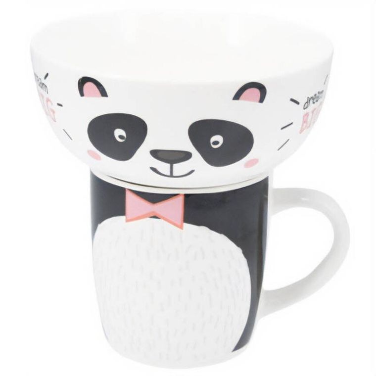 Siaki, miska i kubek z porcelany, panda, 600 ml + 360 ml
