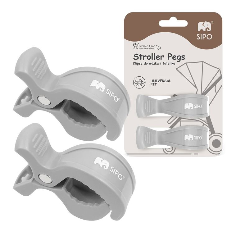 Sipo, zestaw uniwersalnych klipsów do wózka, szare, 2 szt.