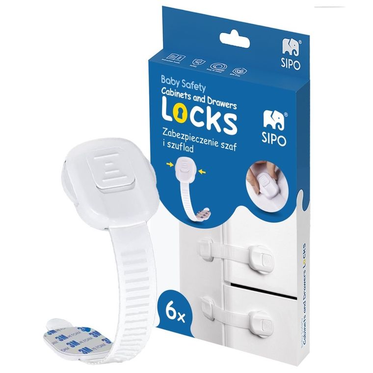 Sipo, zestaw zabezpieczeń do szaf i szuflad z podwójnym przyciskiem i regulacją, 6 szt.