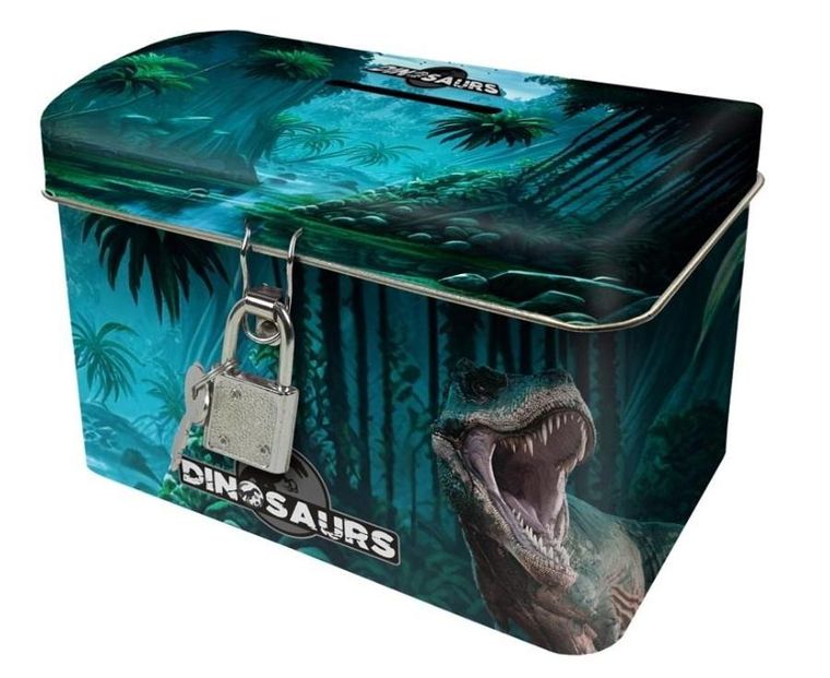 Skarbonka metalowa, zamykana, kuferek, Dinozaur