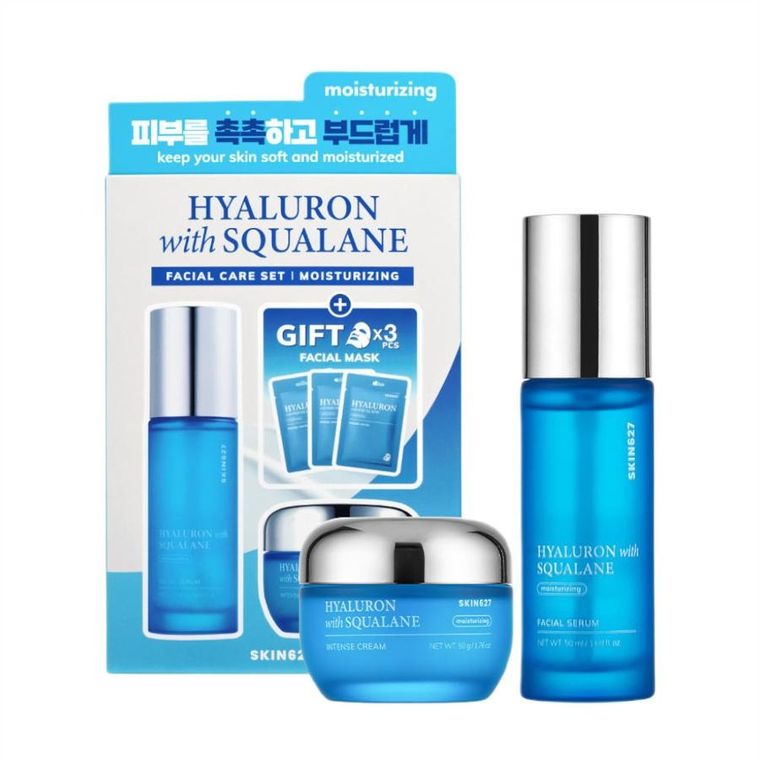 SKIN627, Hyaluron with Squalane, zestaw: serum do twarzy, 50 ml + krem do twarzy, 50g + maski w płachcie, 3-22 ml