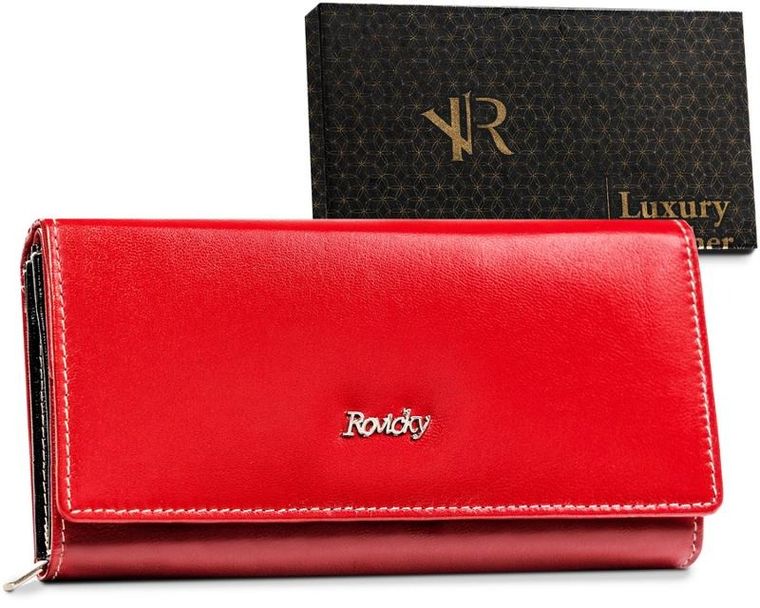 Skórzany portfel damski w orientacji poziomej na zatrzask, Rovicky