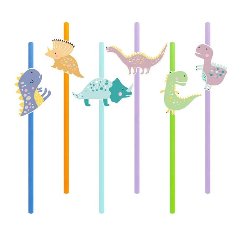 Słomki urodzinowe dinozaury, 6 szt.
