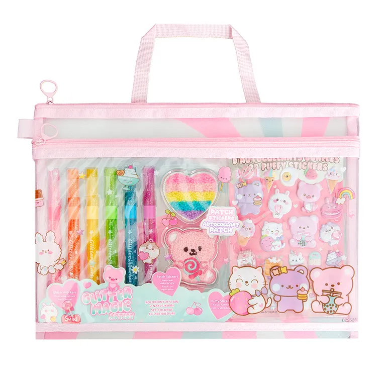 Smiki, kolorowy zestaw z naklejkami, długopisy żelowe i naszywki