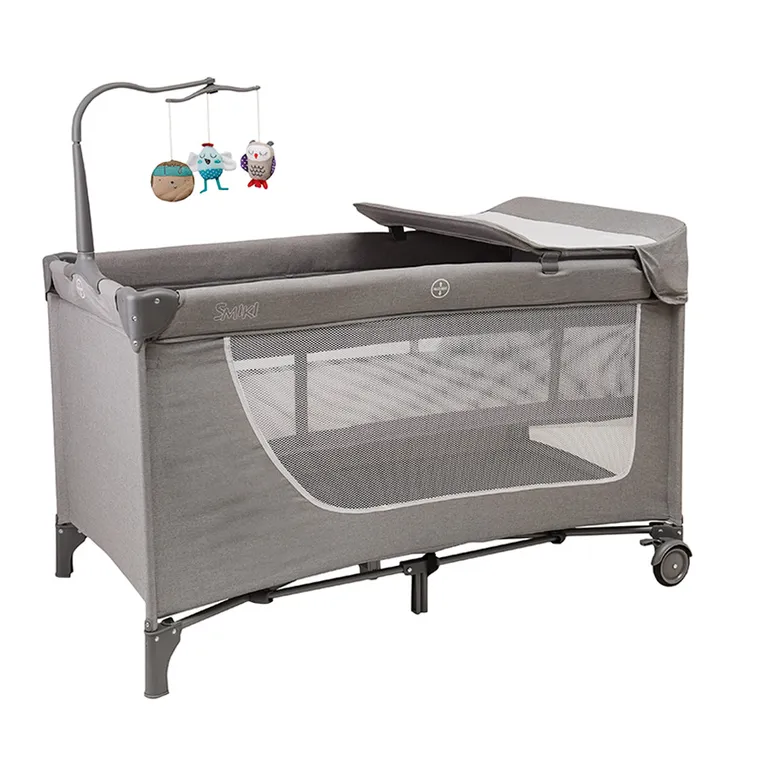 Smiki, łóżeczko turystyczne z przewijakiem i karuzelą, szare