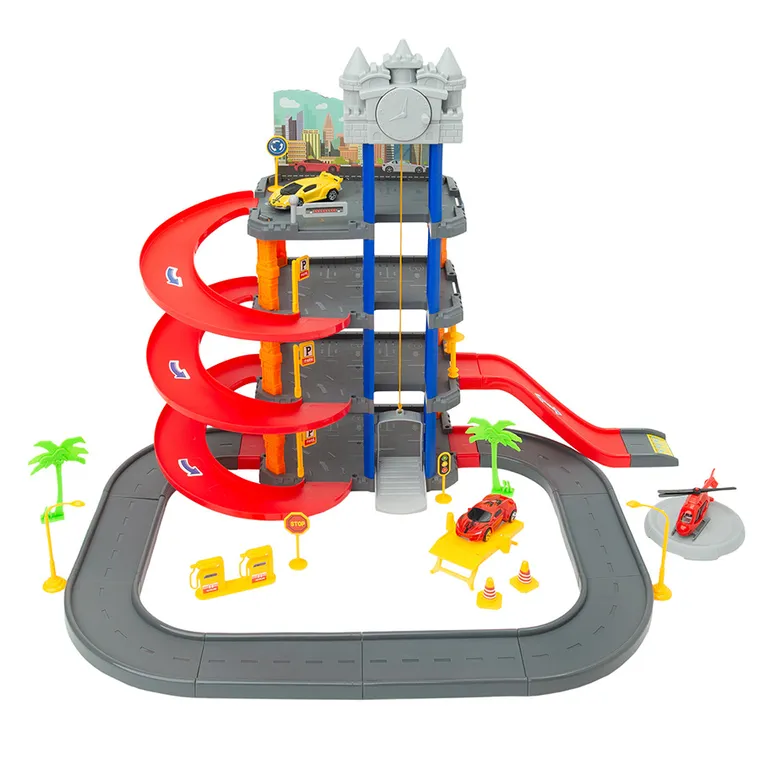 Smiki, tor wyścigowy z parkingiem i windą, zestaw z pojazdami, 68 elementów