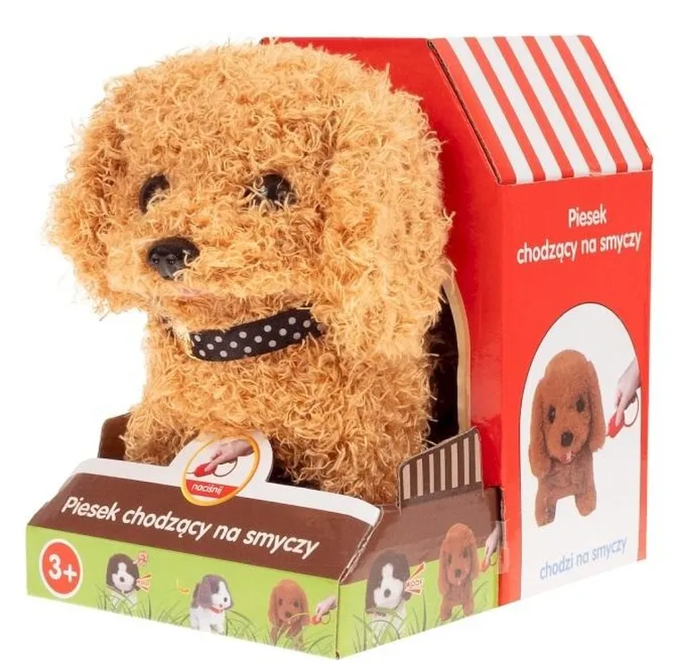 Smily Play, piesek chodzący na smyczy, maskotka interaktywna, włochaty brązowy