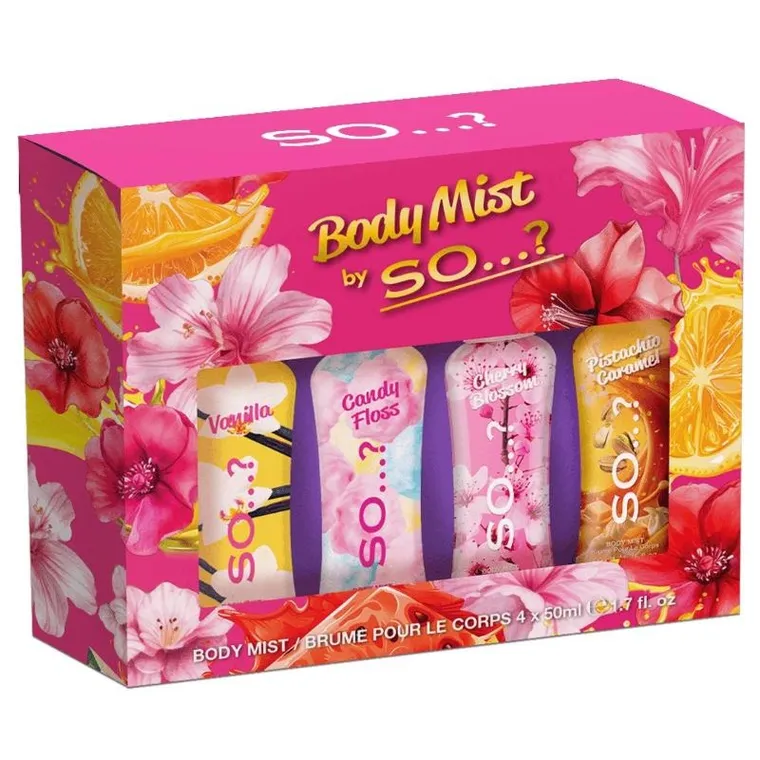 So..?, Body Mist, zestaw mgiełki do ciała: pistachio caramel + cherry blossom + vanilla + candy floss, 4x 50 ml