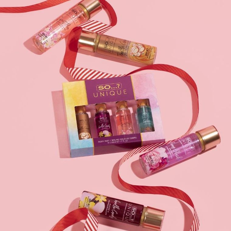 So..?, Unique, zestaw mgiełki do ciała: vanilla candy + sweet pea + truffle cream + cashmere, 4-50 ml