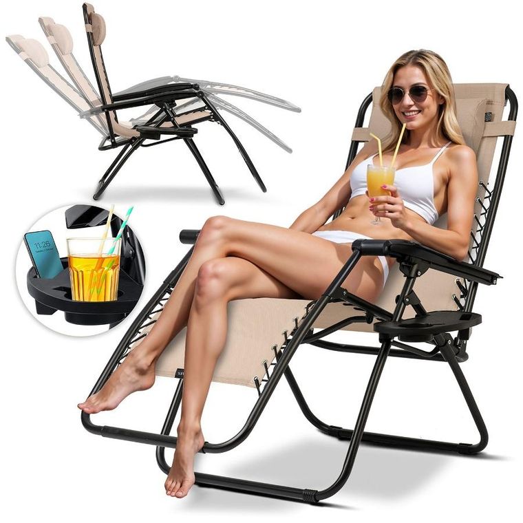 Sofotel, ChillWell, leżak ogrodowy składany z poduszką, beżowy