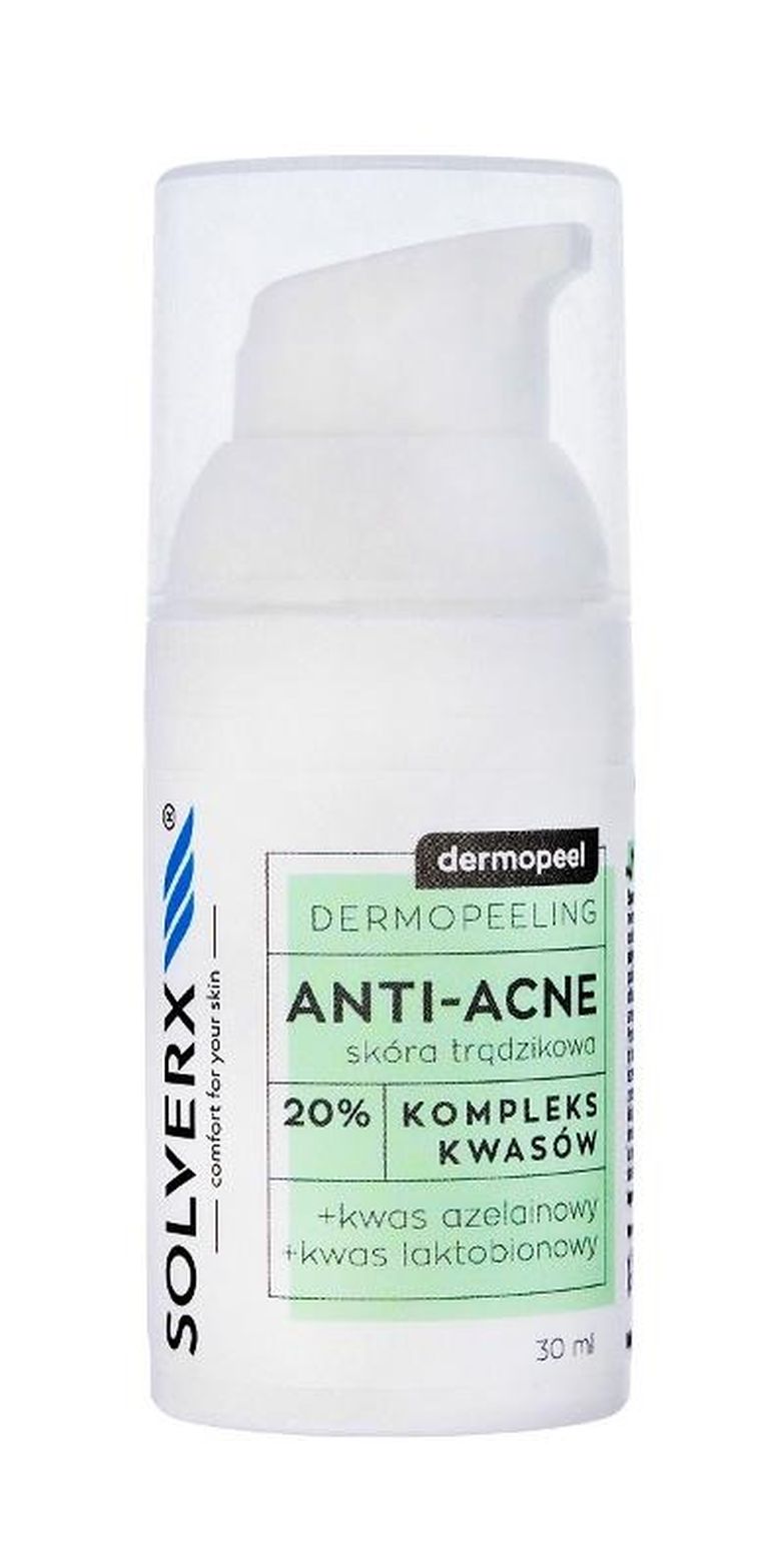 Solverx, Dermopeel, Dermopeeling anti-acne, kompleks kwasów 20% (azelainowy, laktobionowy), 30 ml