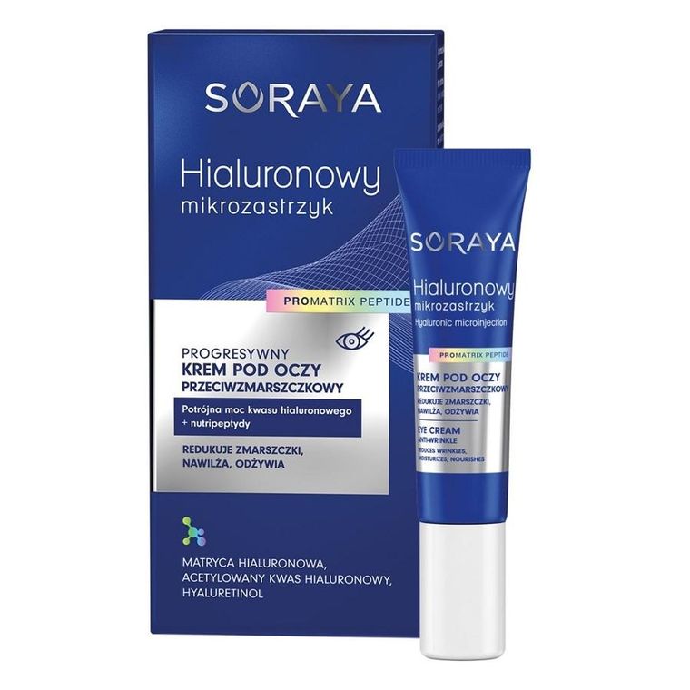 Soraya, Hialuronowy mikrozastrzyk, progresywny krem pod oczy przeciwzmarszczkowy, 15 ml
