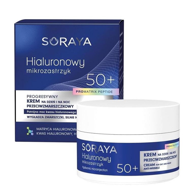 Soraya, Hialuronowy mikrozastrzyk, progresywny krem przeciwzmarszczkowy 50+, 50 ml