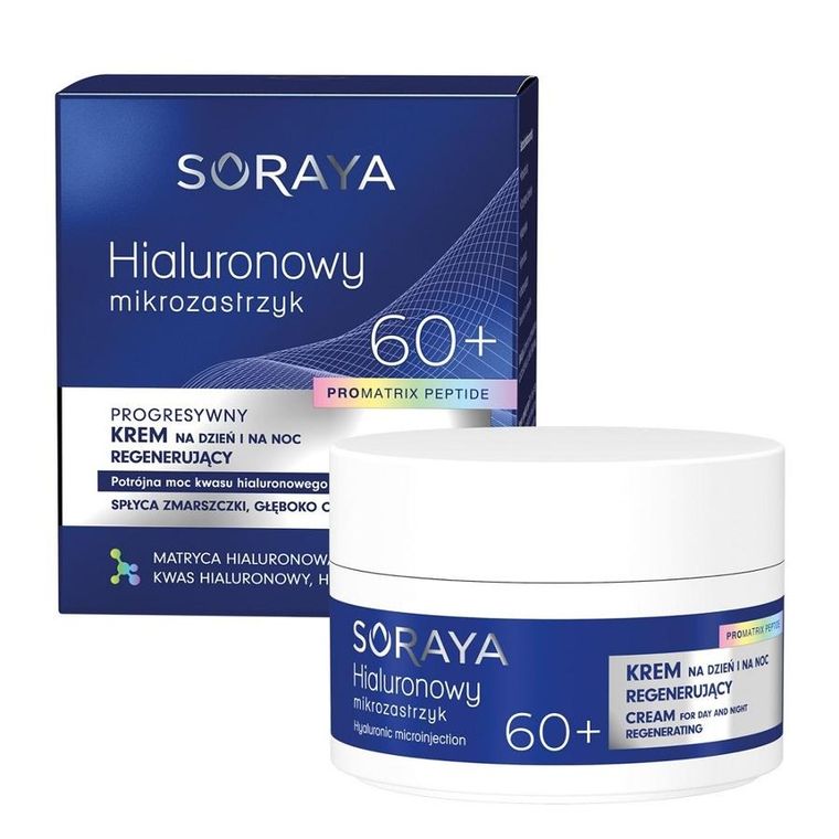 Soraya, Hialuronowy mikrozastrzyk, progresywny krem regenerujący 60+, 50 ml