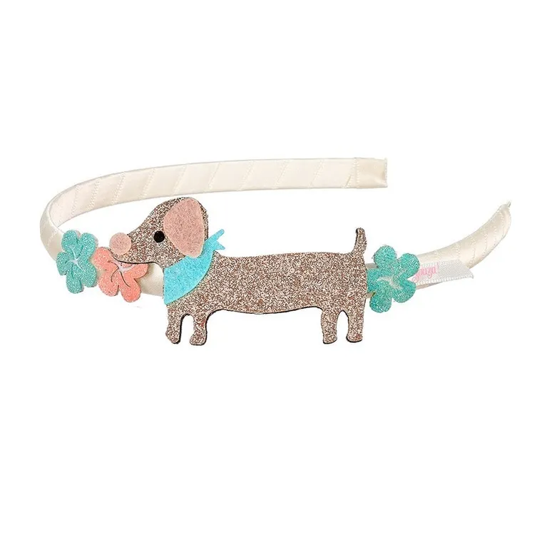 Souza! Puck, opaska z brokatowymi kwiatkami i jamnikiem